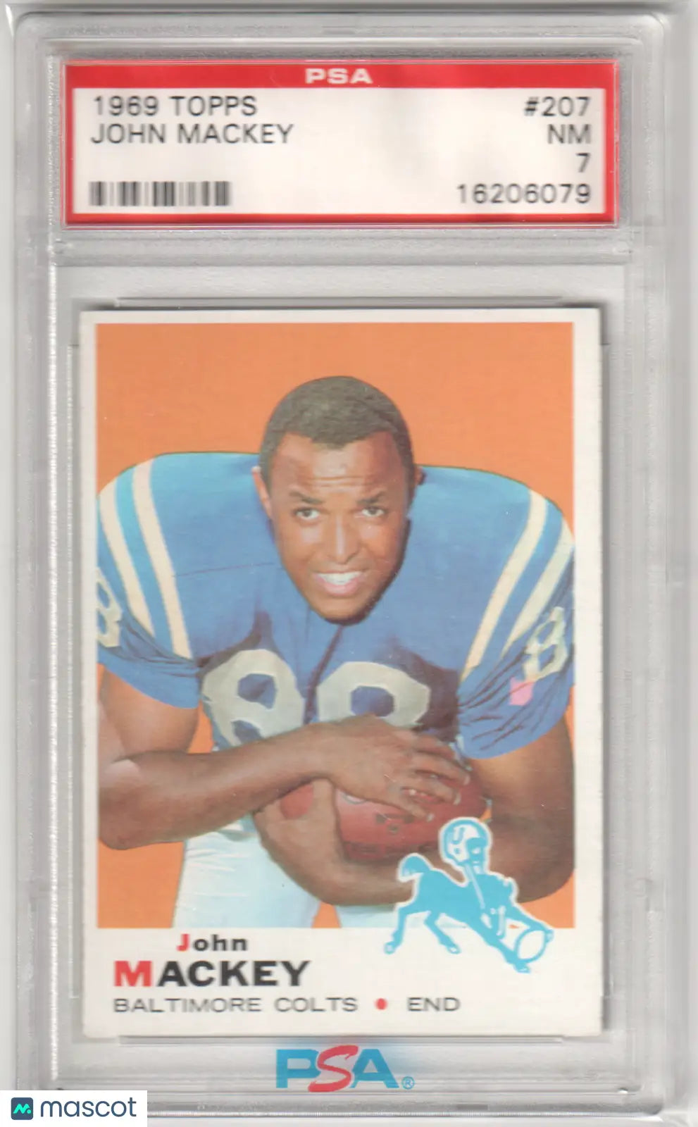 1969 Topps John Mackey football card graded PSA 7 NM from Columbia Hobby