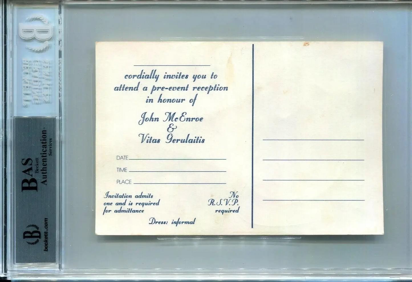 Framed invitation card for John McEnroe Auto Postcard Tennis Over America Tours