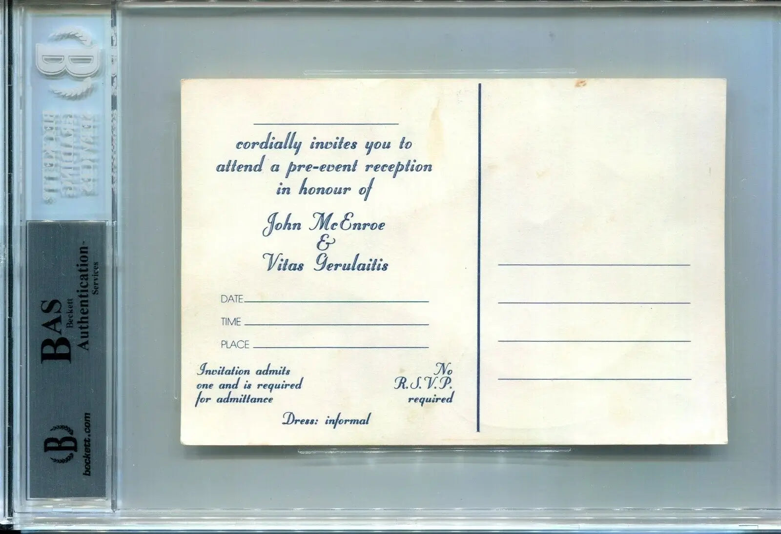 Framed invitation card for John McEnroe Auto Postcard Tennis Over America Tours