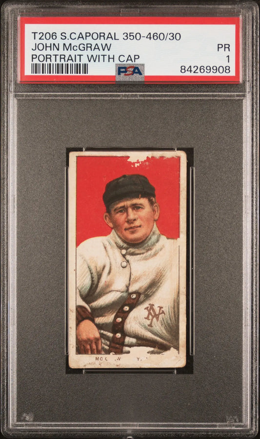 PSA-graded John McGraw T206 Sweet Caporal baseball card in white uniform, red background
