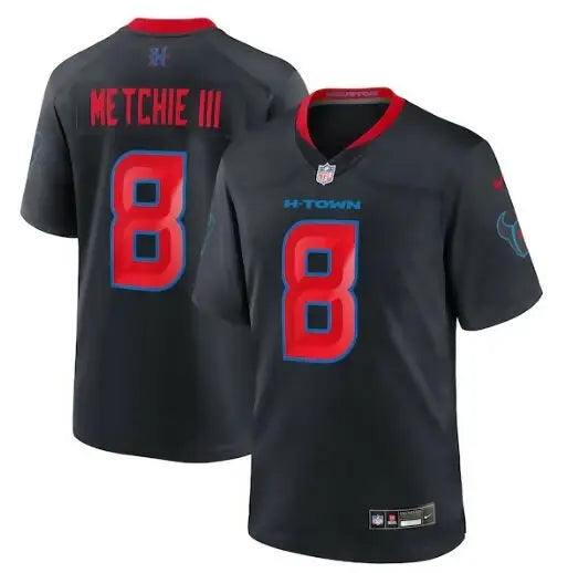 Black Houston Texans John Metchie III Nike 2nd Alternate Game Jersey with red numbers and blue accents