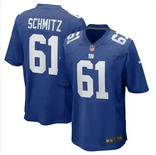 Two New York Giants Nike jerseys featuring john michael schmitz number 61 design