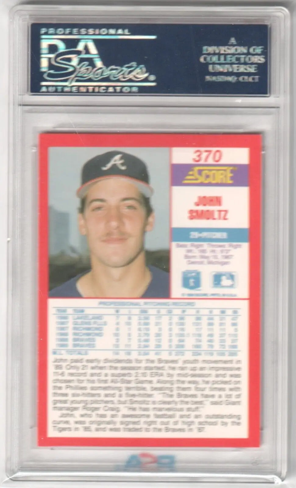 Graded John Smoltz baseball card from Columbia Hobby’s ebay store, mint PSA 9 rarity