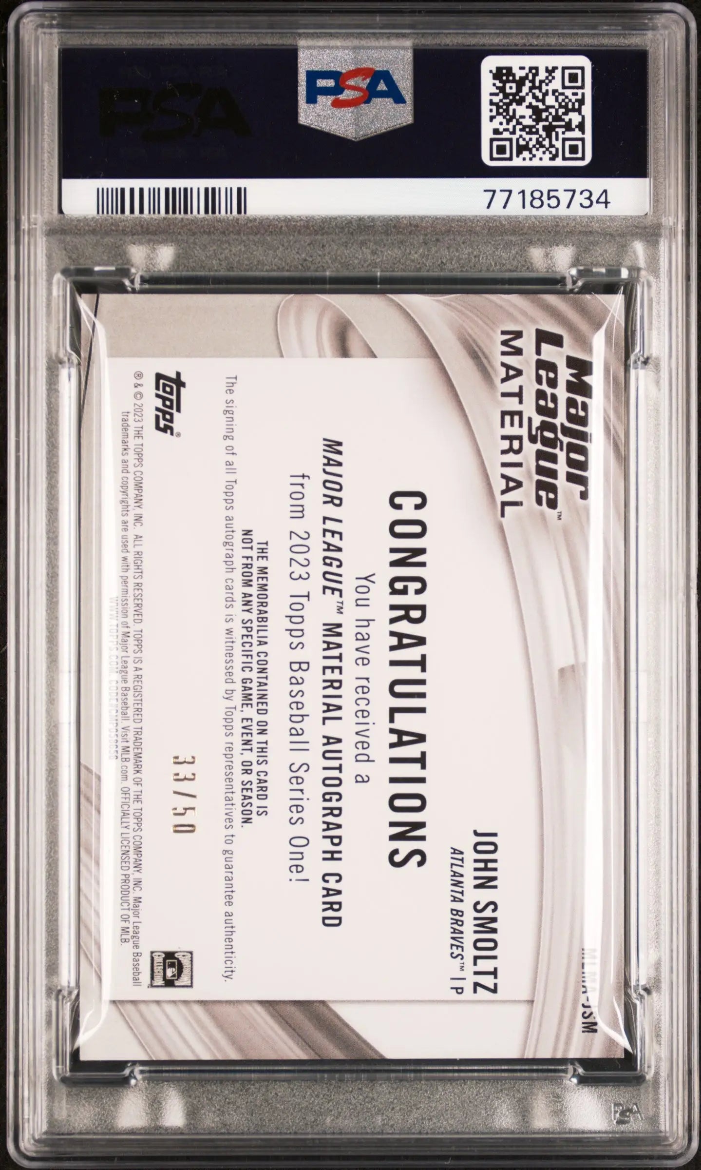 Graded John Smoltz 2023 Topps Major League Material Auto trading card with sticker