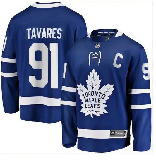 Blue Toronto Maple Leafs John Tavares captain jersey with 91 and C logo