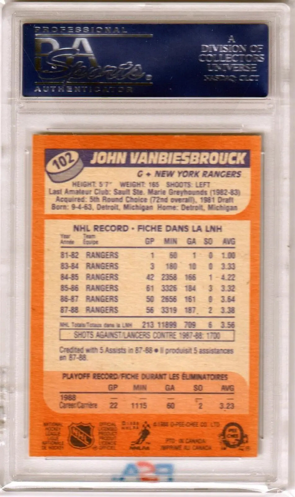 Graded John Vanbiesbrouck 1988 O-Pee-Chee hockey card PSA 9 mint displayed on Columbia Hobby eBay