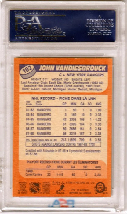 Graded John Vanbiesbrouck 1988 O-Pee-Chee hockey card PSA 9 mint displayed on Columbia Hobby eBay