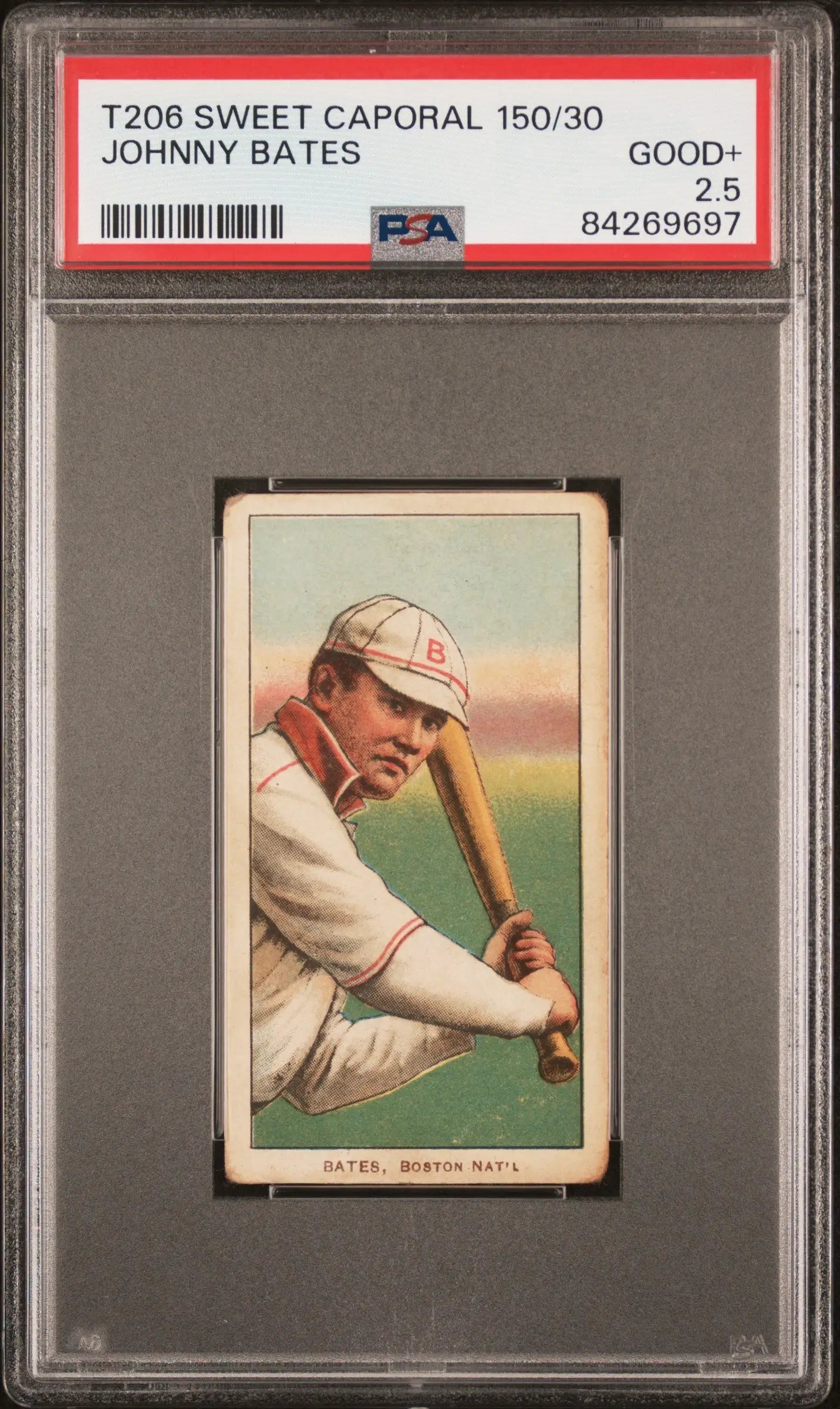 PSA-graded T206 Sweet Caporal Johnny Bates baseball card in batting stance
