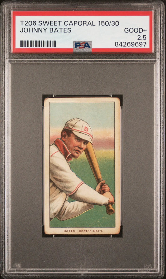 PSA-graded T206 Sweet Caporal Johnny Bates baseball card in batting stance
