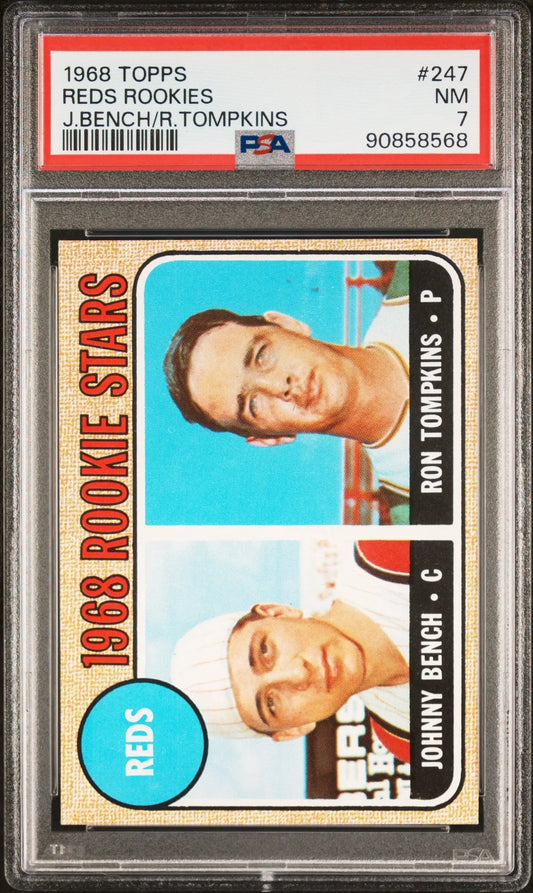 Graded Johnny Bench 1968 Topps baseball card PSA 7 in Near Mint condition