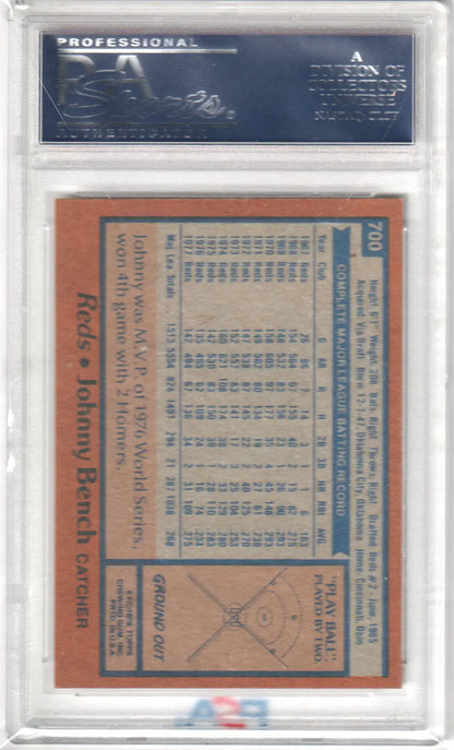 Graded Johnny Bench 1978 Topps baseball card by Columbia Hobby in mint condition