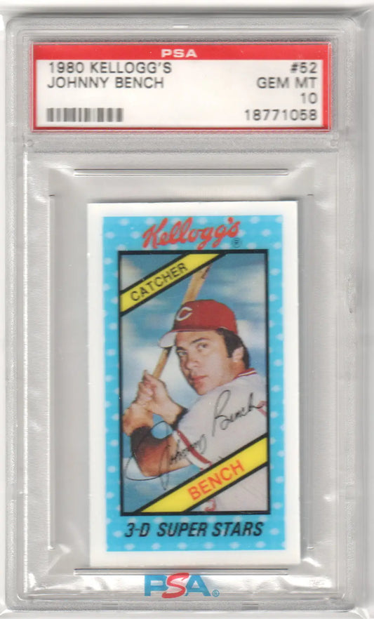 Graded Johnny Bench baseball card from Columbia Hobby, GEM MINT 1980 Kellogg’s series