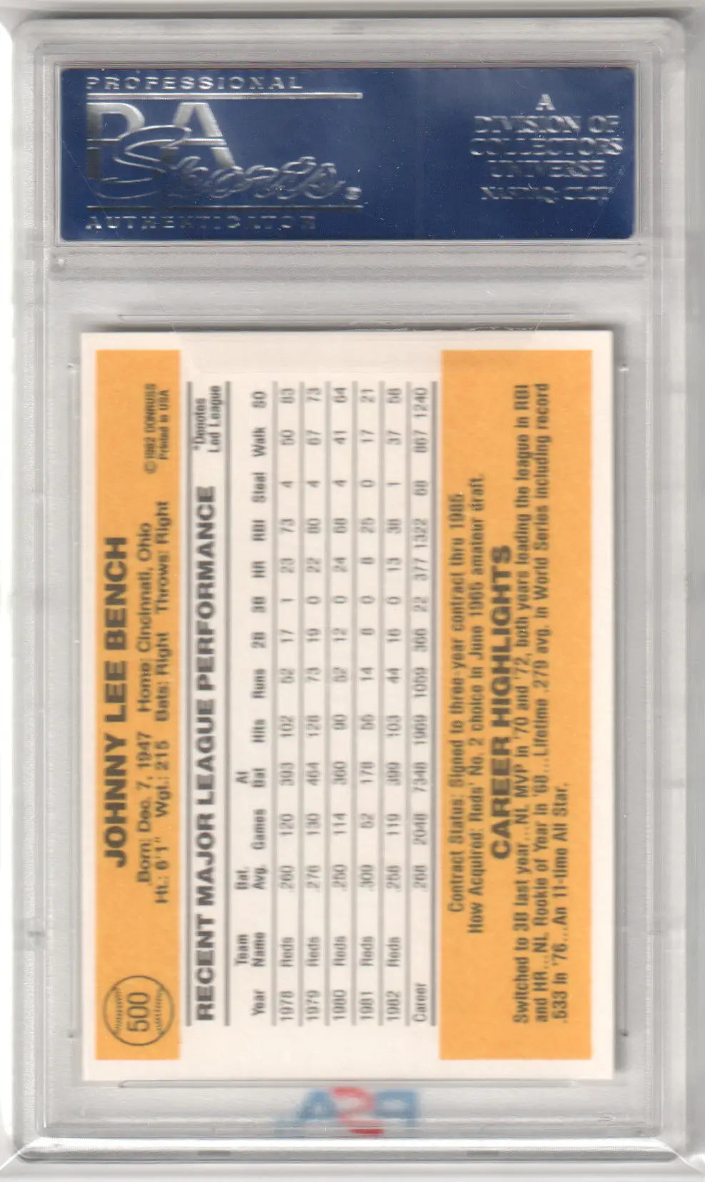 Graded Johnny Lee Bench baseball card from 1983 Donruss PSA 10 GEM MINT at Columbia Hobby