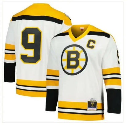 White and yellow Boston Bruins hockey jersey from Johnny Bucyk 1973/74 Blue Line Player Jersey series