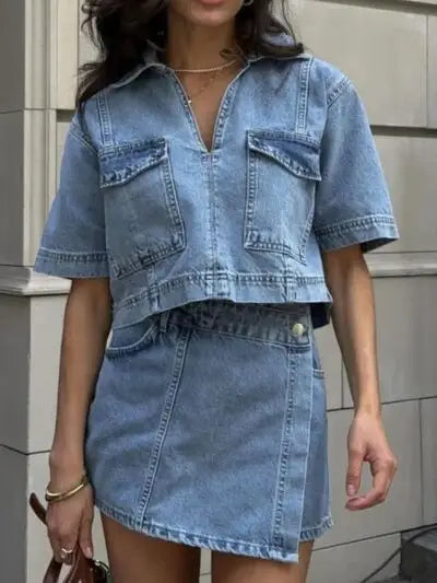 Light wash denim crop top and asymmetrical mini skirt set from Johnny Collar Short Sleeve Top and Skort Denim Set