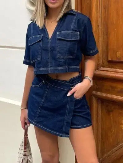 Johnny Collar Short Sleeve Top and Skort Denim Set featuring a dark denim crop top and wrap mini skirt