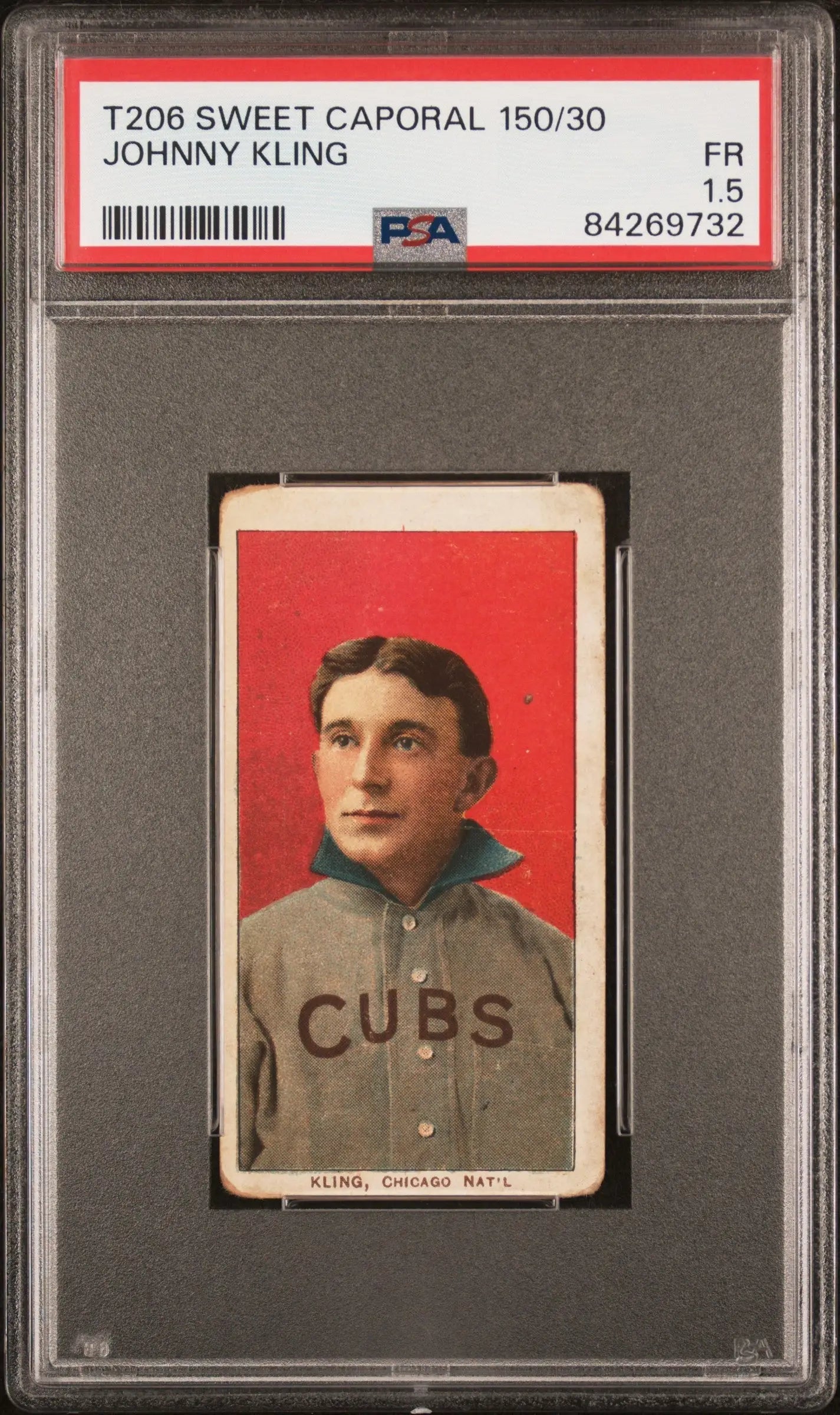PSA-graded Johnny Kling T206 Sweet Caporal baseball card in gray uniform, red background