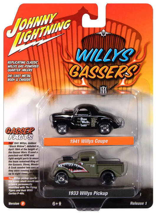Two toy Johnny Lightning Willys Coupe and Willys Pickup in packaging for collectors