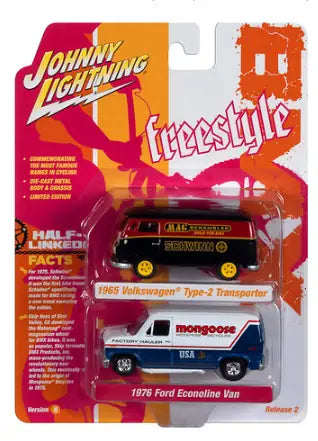 Toy car packaging displaying Johnny Lightning 1:64 Ford Econo and VW Type 2 car set