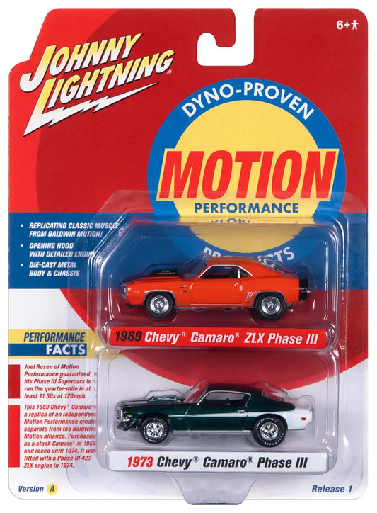 Packaged Johnny Lightning toy car set with 1969 Chevy Camaro ZLX and 1973 Chevy Camaro models