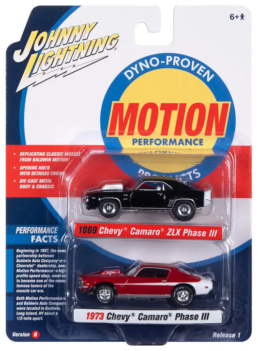 Packaged Johnny Lightning 1:64 Chevy Camaro set featuring 1969 and 1968 models
