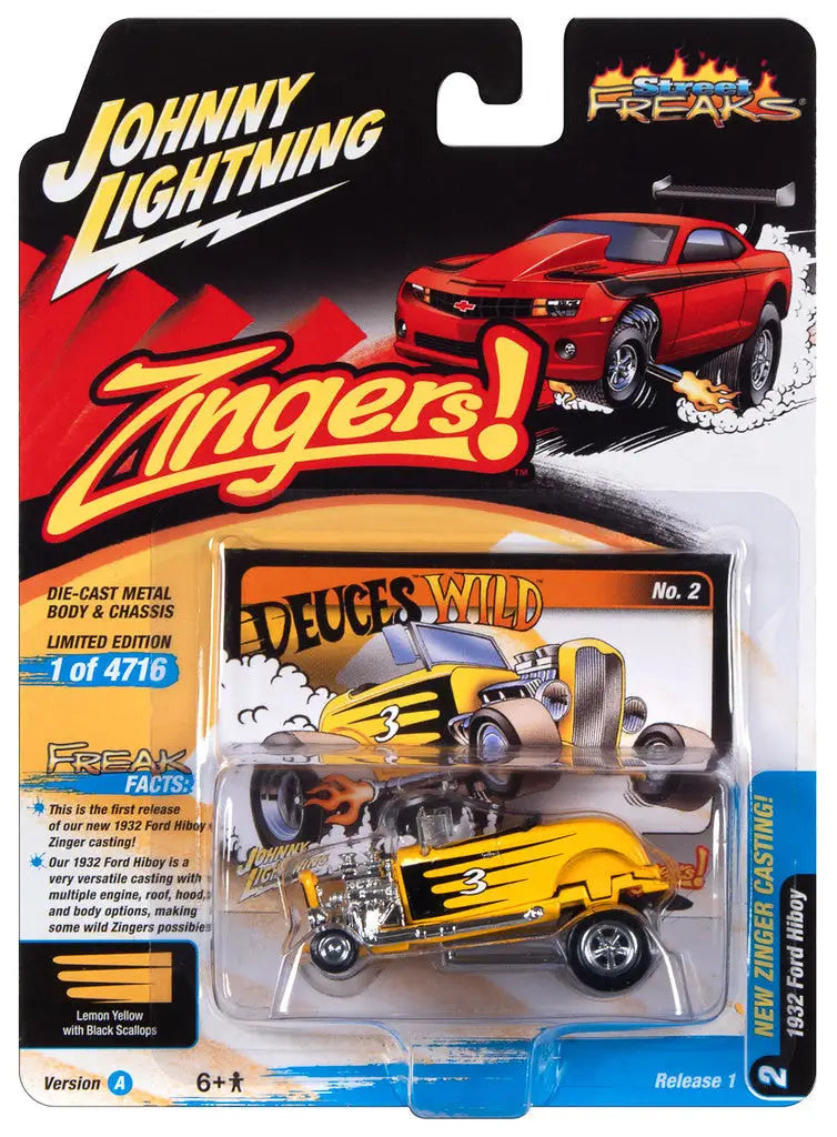 Die-cast toy car packaging of Johnny Lightning 1:64 Street Freaks Ver Ford Hiboy Yellow with flames