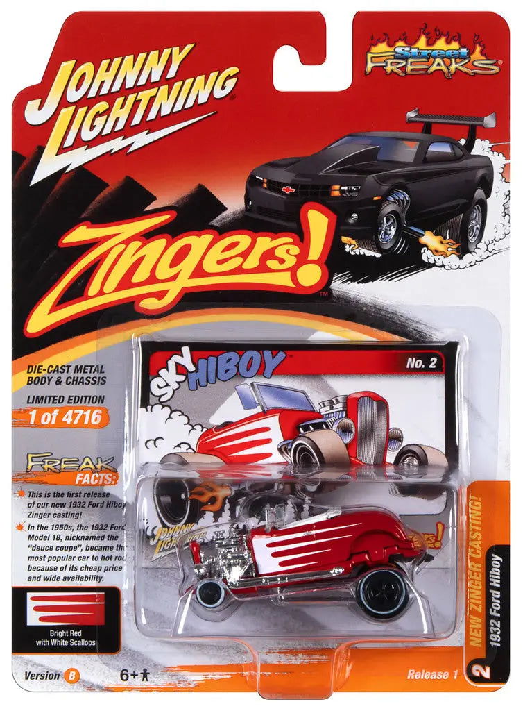 Die-cast Johnny Lightning 1:64 Ford Hiboy Red hot rod toy with flames in packaging