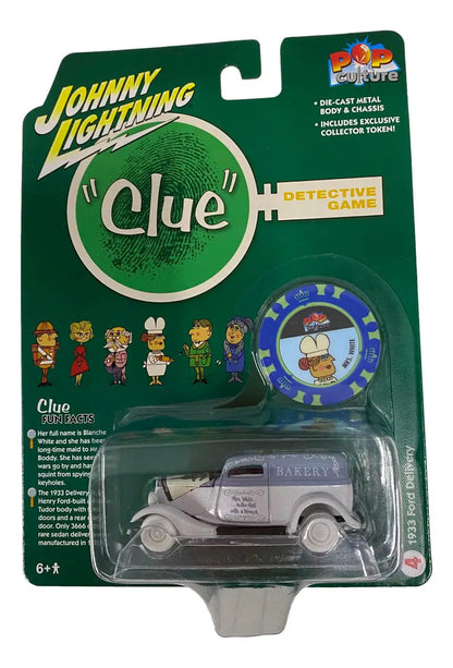 Toy car packaging for Johnny Lightning JLPC009 Pop Culture Clue collectible vehicle