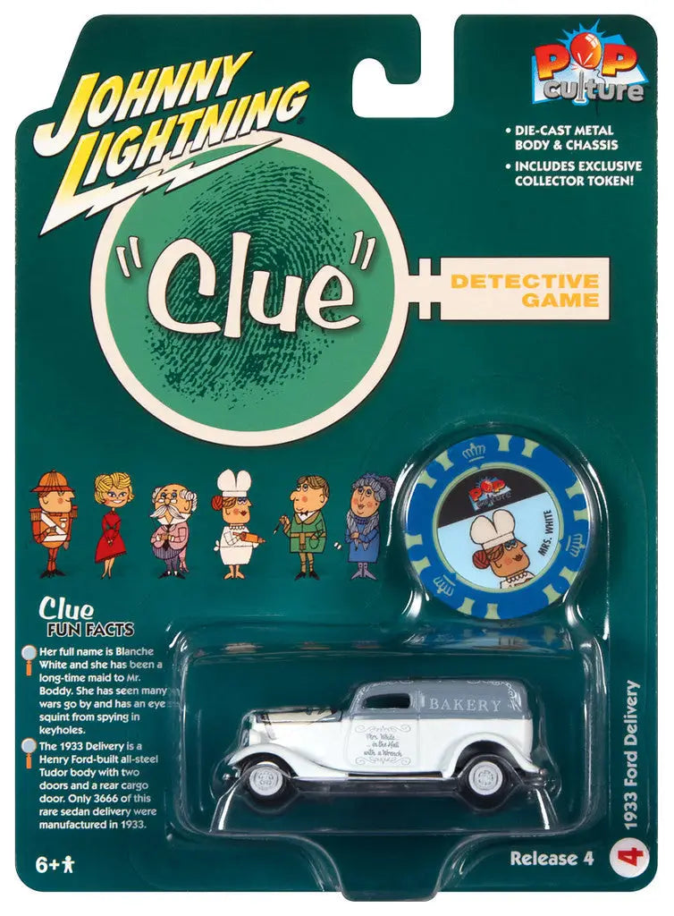 Toy packaging for Johnny Lightning JLPC009 Pop Culture Ford Delivery Clue collectible car