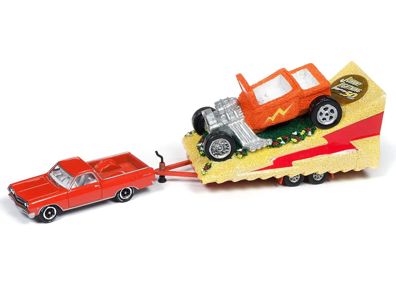 Johnny Lightning Tow & Go set featuring a red Chevy El Camino towing a parade float