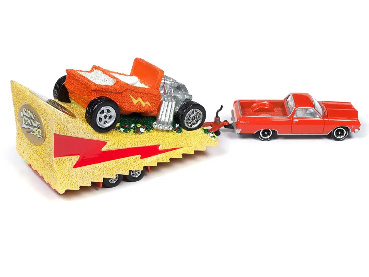 Toy car launcher ramp featuring Johnny Lightning Tow with a red arrow and toy vehicles