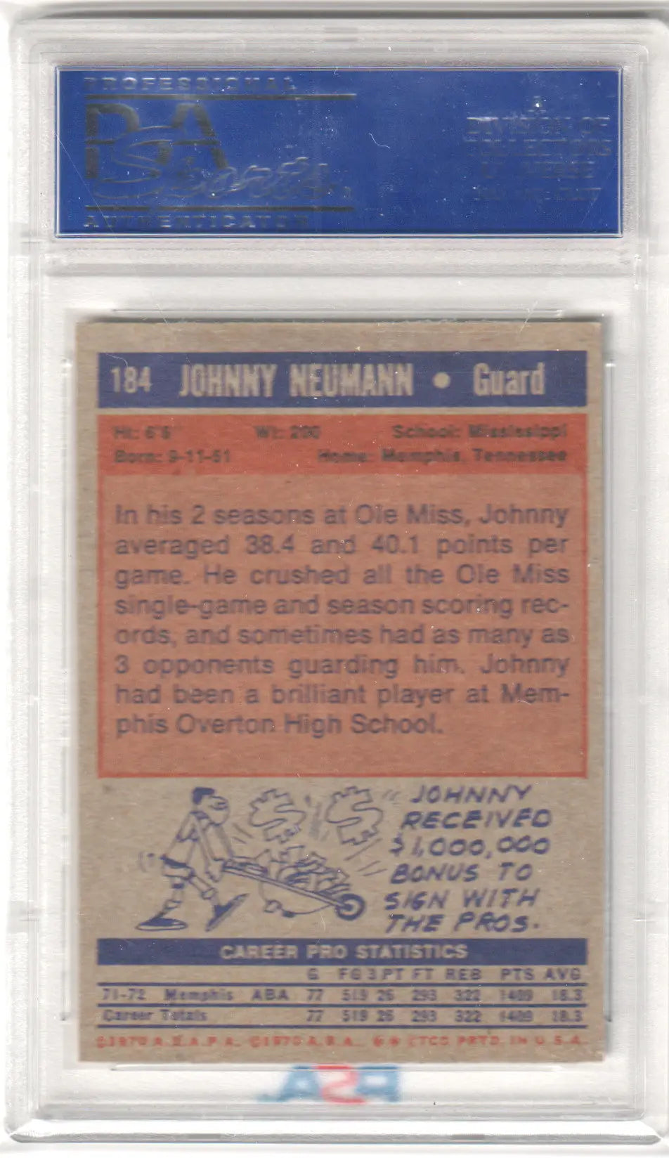 Graded Johnny Neumann Topps RC Rookie card from Columbia Hobby, PSA 8 NM-MT