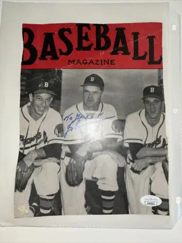 Johnny Sain signed baseball magazine cover page featuring Boston Braves memorabilia