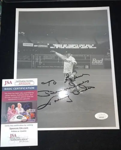 Autographed black and white 8x10 signed photo of Johnny Unitas at Astros 1st pitch