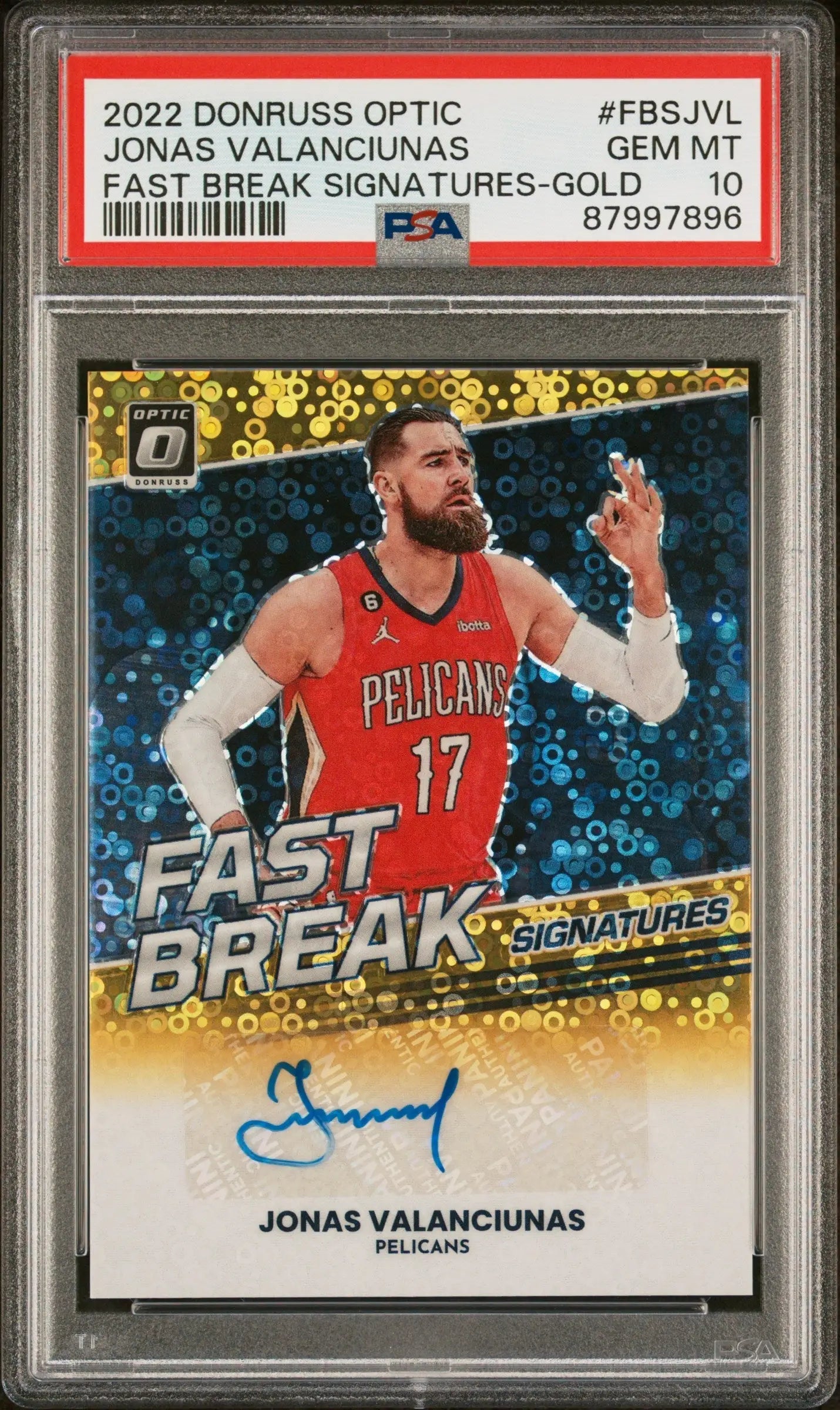 Graded Jonas Valanciunas 2022 Donruss Optic Fast Break Gold Auto card PSA 10