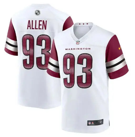 White and maroon Washington Commanders Jonathan Allen jersey with number 93