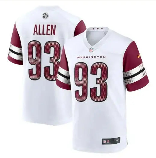 White and burgundy Jonathan Allen Washington Commanders Nike Game Jersey with number 93