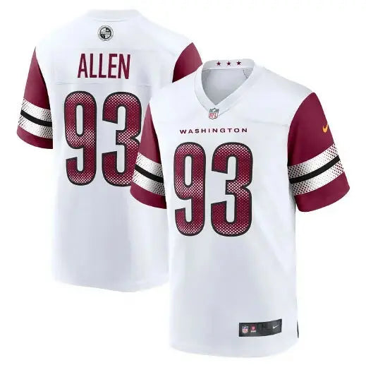 White Jonathan Allen Washington Commanders Nike Game Jersey with burgundy sleeves and number 93