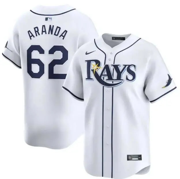 White Tampa Bay Rays baseball jersey displaying Nike Home Limited Player design