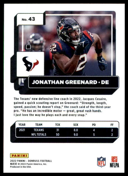 Football card featuring Jonathan Greenard from 2022 Donruss Houston Texans series