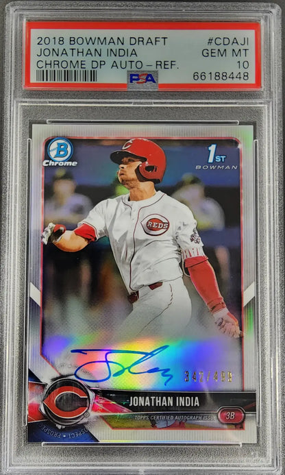 Slabbed 2018 Bowman Chrome Draft Refractor Auto Jonathan India baseball card PSA 10