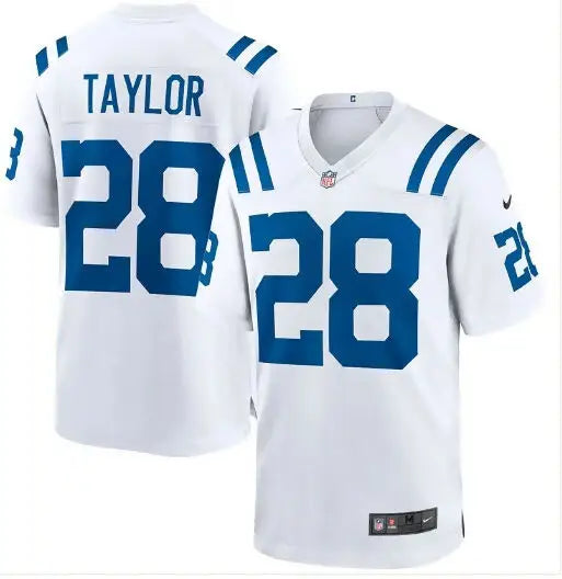 White Jonathan Taylor Indianapolis Colts Nike Game Jersey with blue stripes and number 28