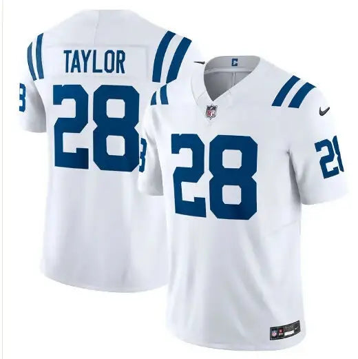 White NFL Indianapolis Colts Jonathan Taylor jersey with blue TAYLOR and number 28