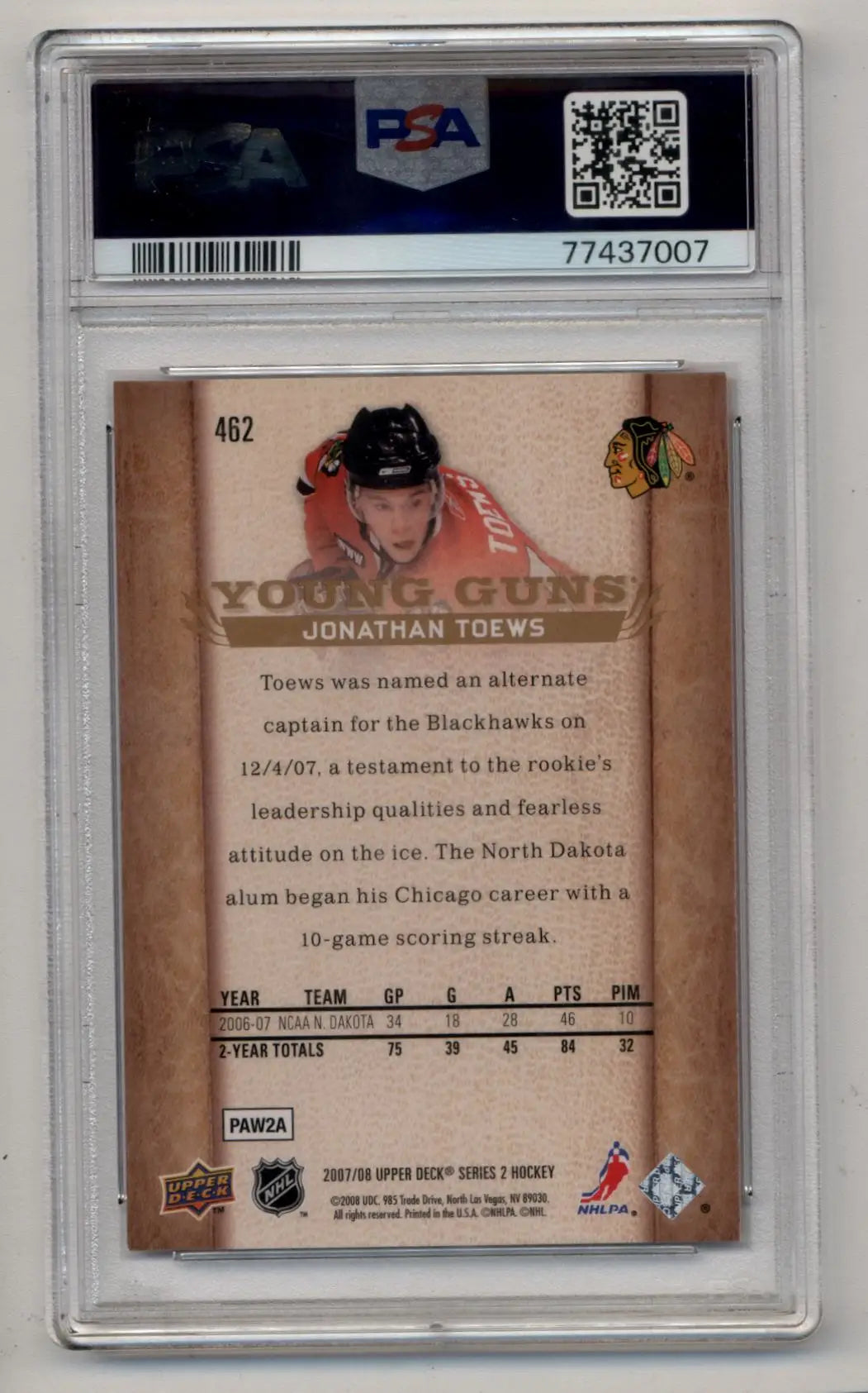 Jonathan Toews 2007-08 Upper Deck #462 PSA 10 Gem Mint 7007 - Singles