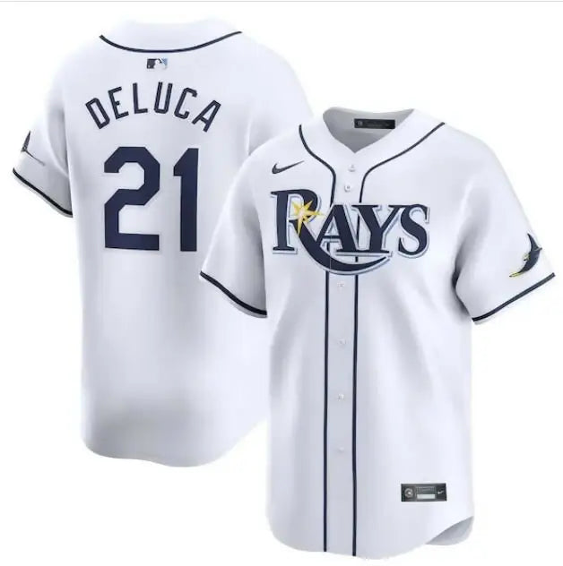 White Tampa Bay Rays Jonny DeLuca Nike Home Limited Player Jersey on display
