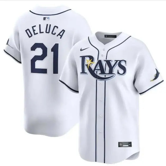 White Tampa Bay Rays Jonny DeLuca Nike Home Limited Player Jersey on display