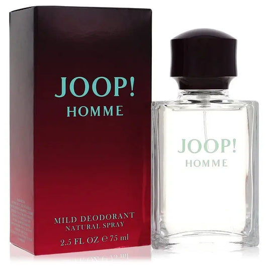 Red and black Joop! Homme Mild Deodorant Spray box next to Joop! Homme fragrance bottle