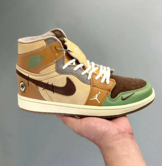 Multi-colored Jordan 1 High Zion Williamson Voodoo sneaker with Nike swoosh and Jumpman logo, fast shipping