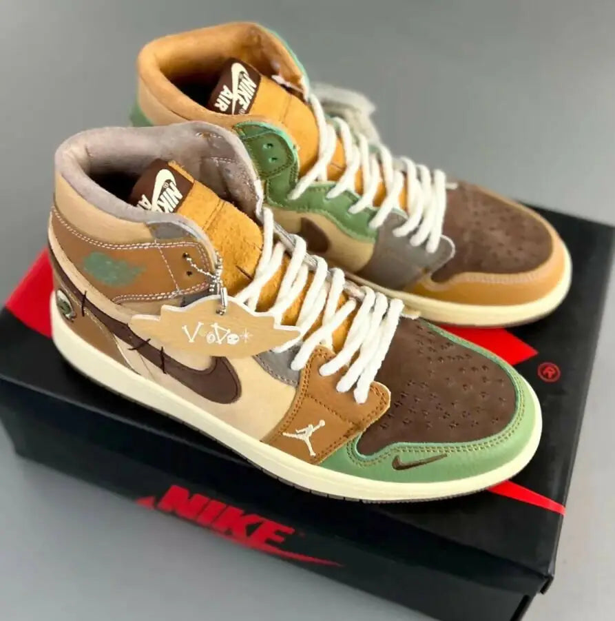 Jordan 1 High Zion Williamson Voodoo sneakers with multi-paneled brown green tan design and fast shipping