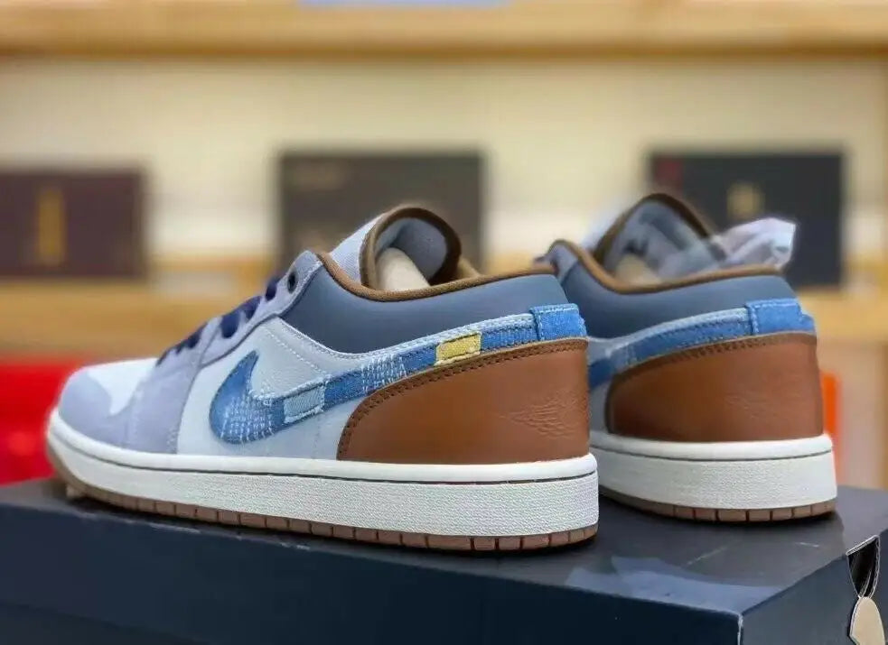 Blue, brown, and white Leather and Denim Jordan 1 Low sneakers with brown soles, fast shipping